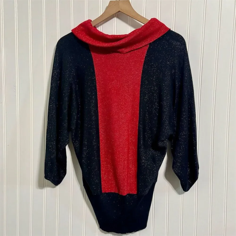 Style & Co Petite Sweater PL‎ L Red Black Color Block Metallic Cowl Neck Holiday